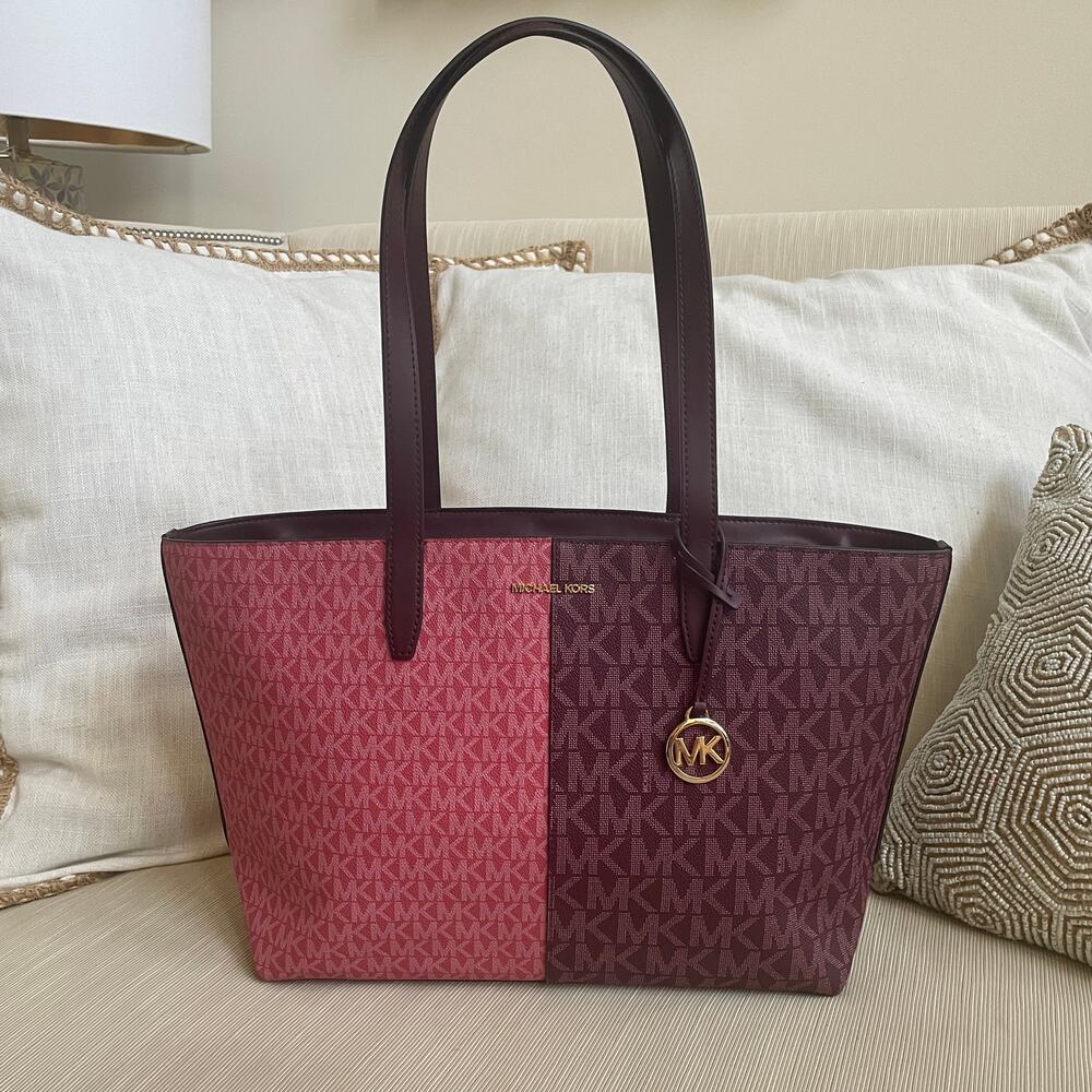 Michael Kors Jet Set Medium Tote | Colorblock MK Logo Pink Burgundy - Picture 14 of 14